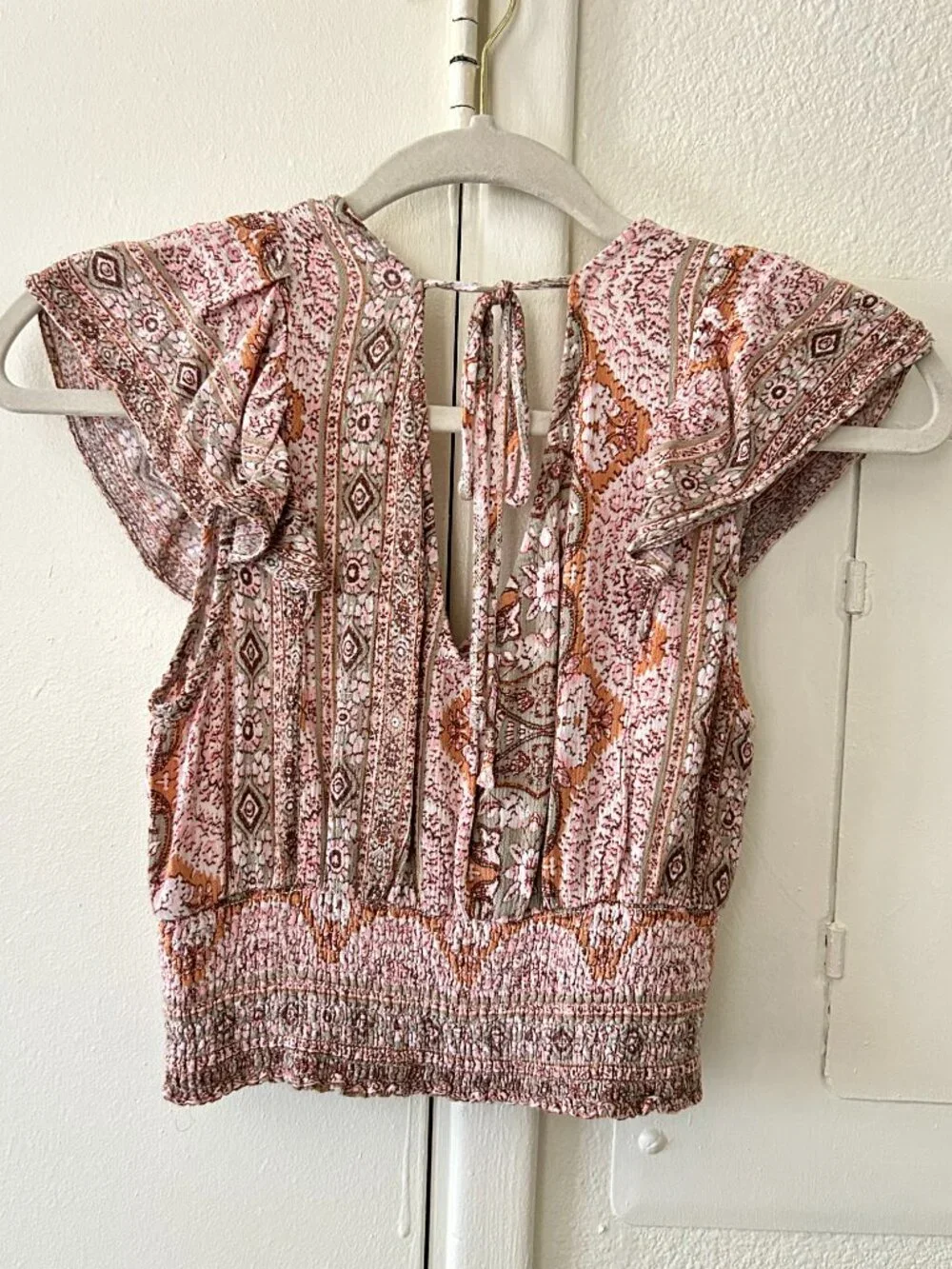 Twine & String Boho Smocked Crop Top | Women's Medium | Flutter Sleeve Paisley